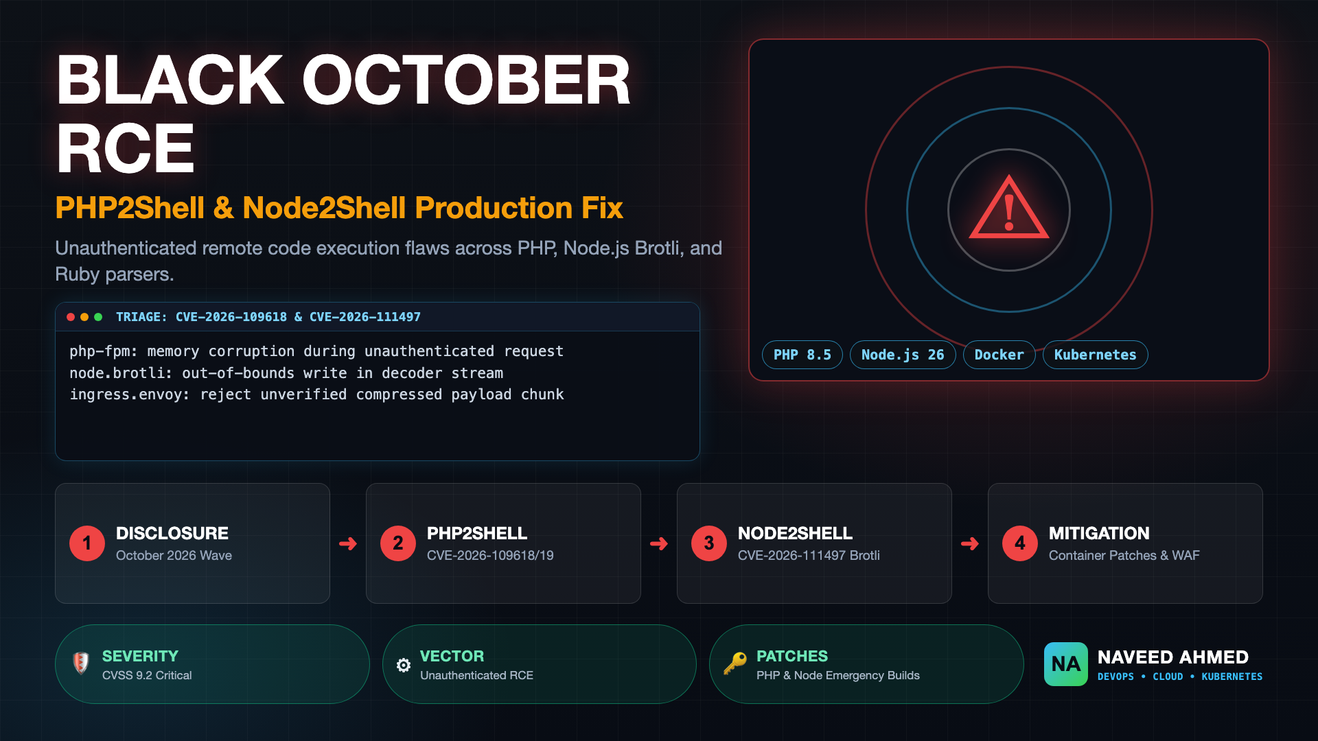 Black October vulnerabilities triage diagram illustrating PHP2Shell and Node2Shell Brotli RCE remediation architecture